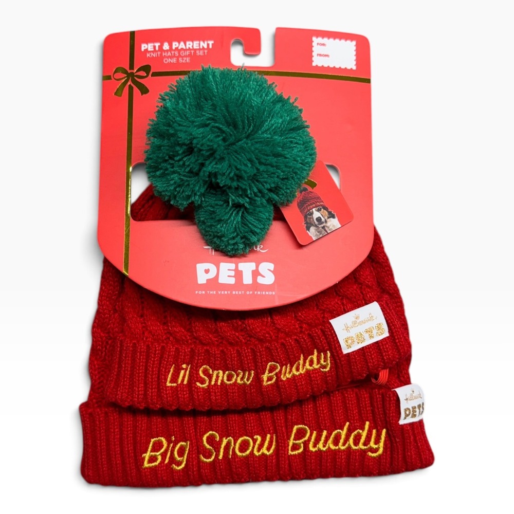 Hallmark Pets Red Pet & Parent Knit Hats Gift Set Big & Lil Snow Buddy One Size